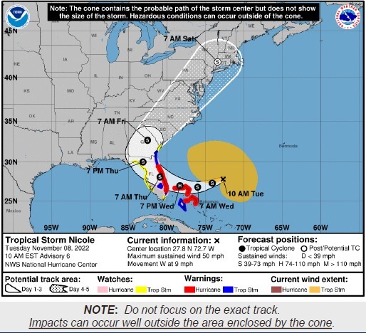 The map of the path of Tropical Storm Nicole. The storm is expected to hit Florida early Thursday morning. 