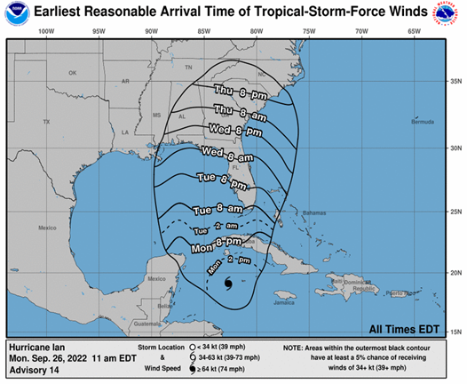 Projected Storm Path Times of Hurricane Ian. The map shows what time the hurricane weather will hit.