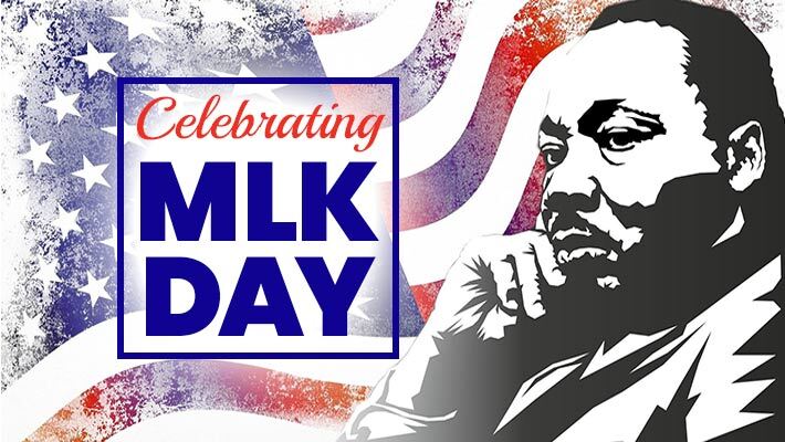 Celebrating MLK Day is written on an American flag background. Martin Luther King Jr. Is to the right with his chin resting in is hand.